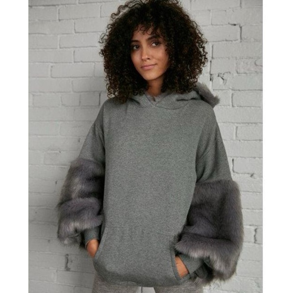Gray Hoodie with Faux Fur Sleeves